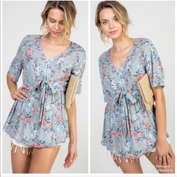 ❤️LAST 1! Floral V Neck Front Tie Top! - Picture 5 of 8